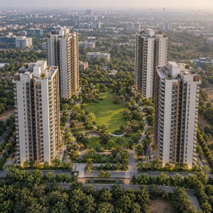 Concorde Electronic City aerial view of apartment towers around a central landscaped court, artist's impression Concorde Electronic City aerial view of apartment towers around a central landscaped court, artist's impression