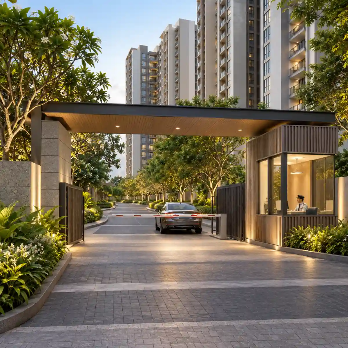Concorde Electronic City entrance with a tree-lined drive, artist's impression